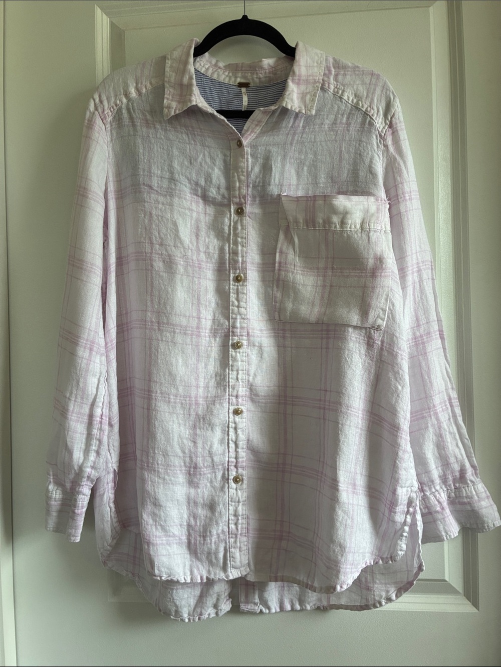 Free People Lightweight Pink and White Plaid Button-Down Shirt